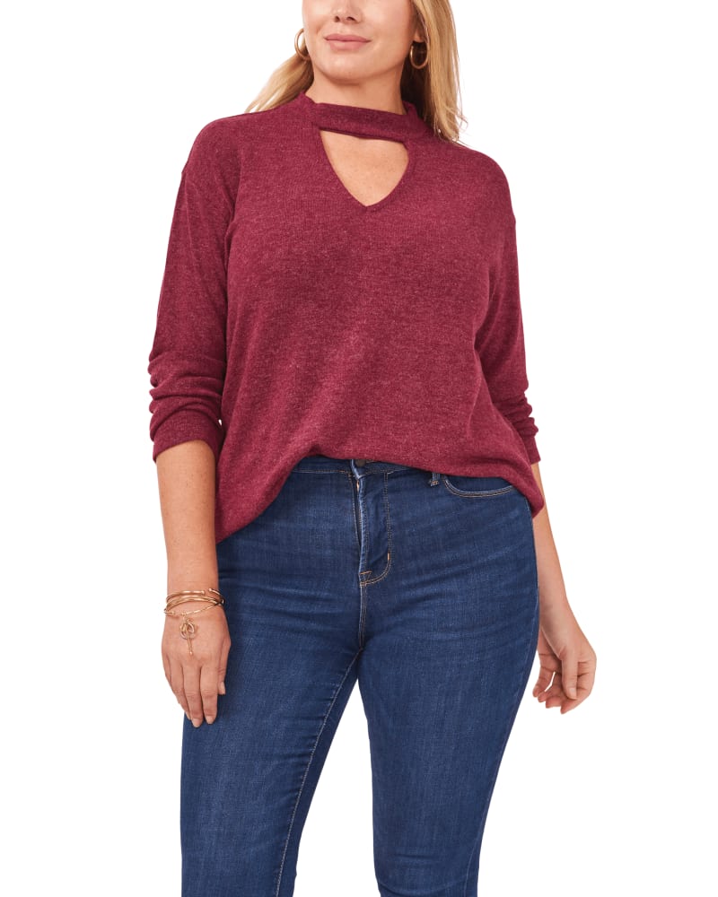 Front of a model wearing a size 0X Barb Keyhole Cutout Sweater in RUBY PLUME by 1.State. | dia_product_style_image_id:262561